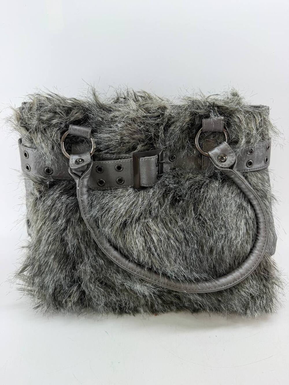 Bueno Gray Faux Fur Shoulder Handbag Double Handle Bronze Hardware Belt Accent